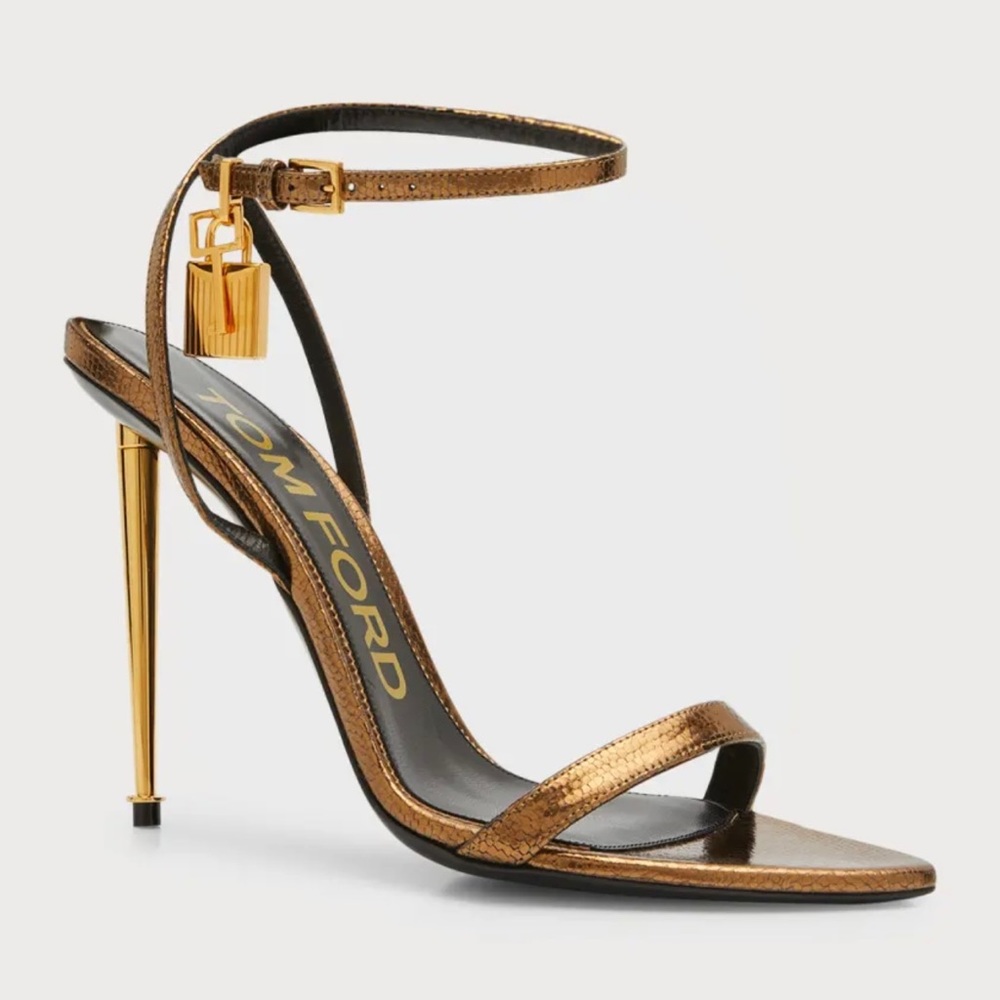 Tom Ford Lock Metallic Stiletto Sandals Bronze Lizard Print